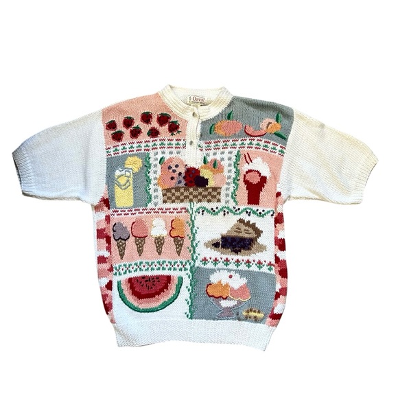 Vintage Sweaters - Vintage Orvis Sweets Desserts Fruits Knit Sweater Short Sleeve Grannycore XL